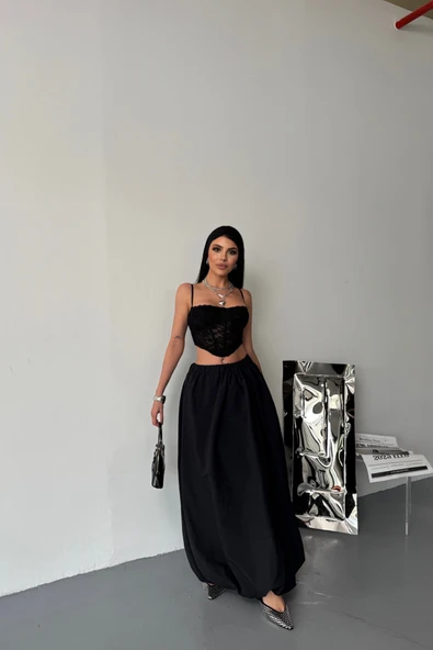 BEL LASTİKLİ BALON ETEK ŞANEL BOY SOFT KUMAŞ - Siyah - Resim 4