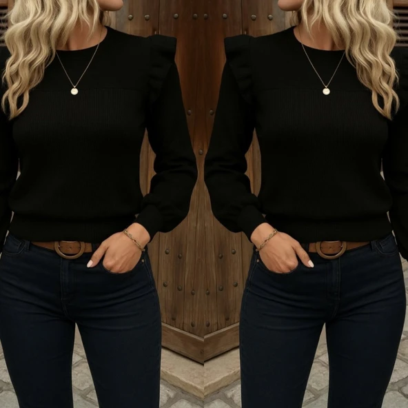 Kadın Uzun Kollu Bisiklet Yaka Omuzları Fırfırlı Triko Bluz - Resim 12