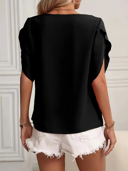 Kadın Kısa Kollu Yaka Ve Kol Detay Jesica Bluz - Resim 2