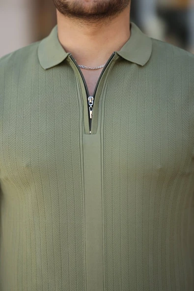 Erkek Yakası Fermuarlı Kısa Kollu T-shirt - Resim 3