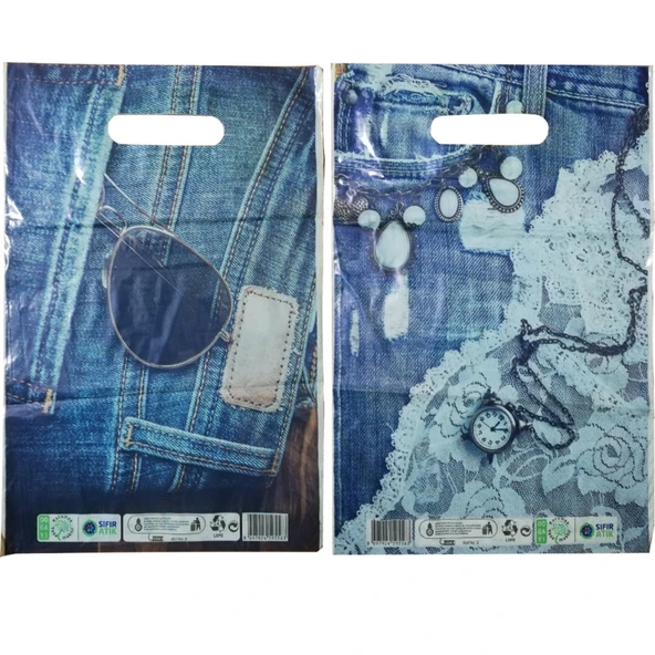 Baskılı Mağaza Poşeti (NO 5) 50 Adet Kot Desenli Takviyeli Poşet - 3