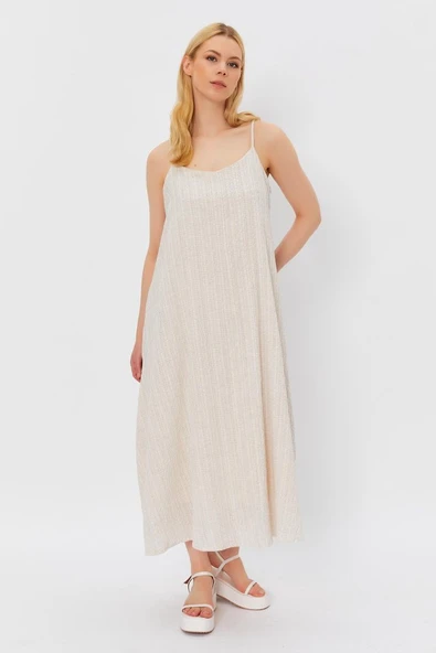 Askılı Uzun Çan Elbise - Natür - Resim 2