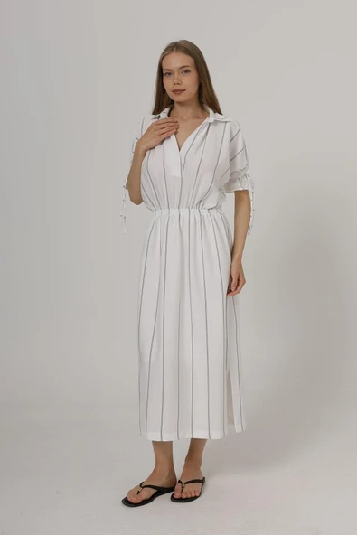 Beli Lastikli Elbise - Beyaz - Resim 2