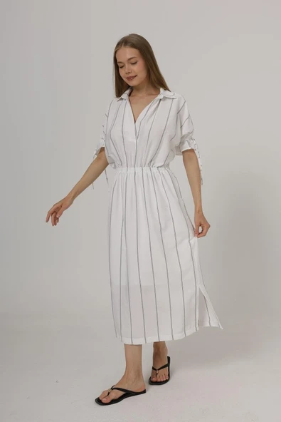 Beli Lastikli Elbise - Beyaz - Resim 4