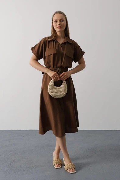 Kuşaklı Cep Detaylı Yarım Kol Elbise - Kahve - Resim 3