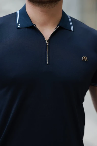 Erkek Yaka Ve Kolları çizgi Detaylı Fermuar Yakalı Kısa Kollu Tişört - Resim 3