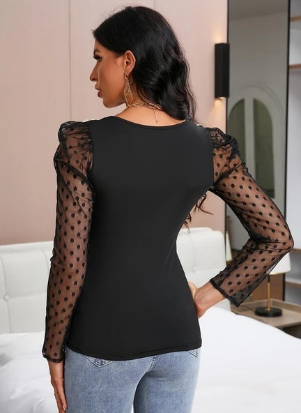 Kadın Uzun Kollu Omuz Inci Kollar Tül Detay Viskon Bluz - Resim 2