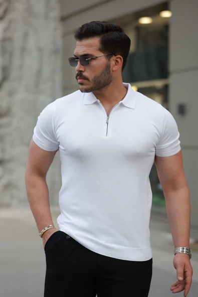 Erkek Fermuar Yakalı Kısa Kollu Tişört - Resim 2