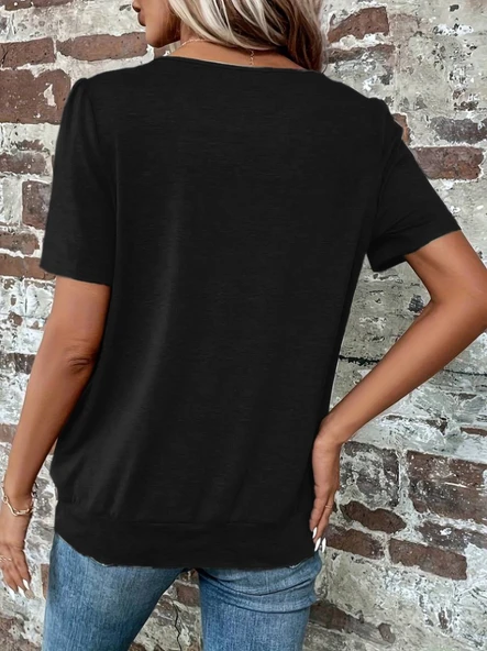 Kadın Kısa Kollu Yuvarlak Yaka önden Pileli Salaş Viskon Bluz - Resim 2