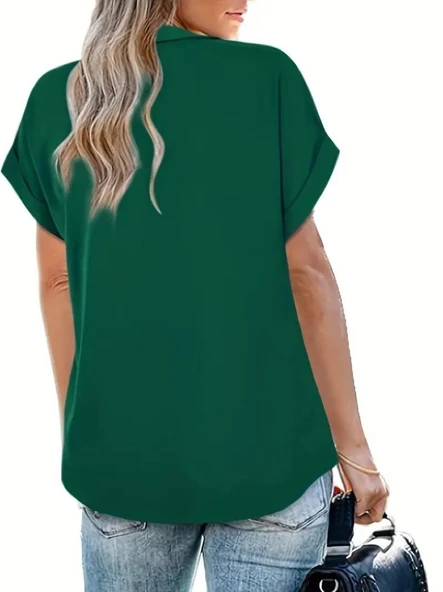 Kadın Kısa Kollu Yakalı Uzun Sandy Bluz - Resim 4