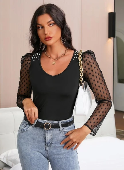 Kadın Uzun Kollu Omuz Inci Kollar Tül Detay Viskon Bluz - Resim 7