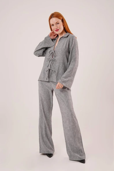 Ön Bağlama Detaylı Pantolon Ve Gömlek Antrasit İkili Takım ürün görseli