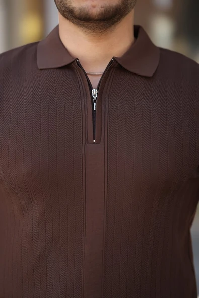 Erkek Yakası Fermuarlı Kısa Kollu T-shirt - Resim 3