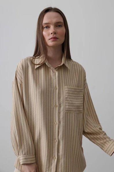 Çizgili Tek Cep Gömlek - Taş - Resim 4