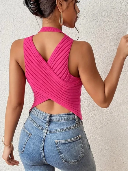 Kadın Sıfır Kol Sırt çapraz Detay Triko Bluz - Resim 3