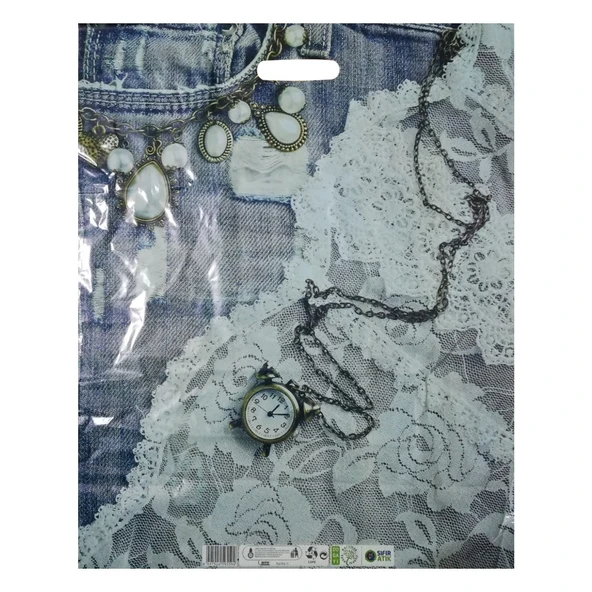 Baskılı Mağaza Poşeti (NO 5) 50 Adet Kot Desenli Takviyeli Poşet