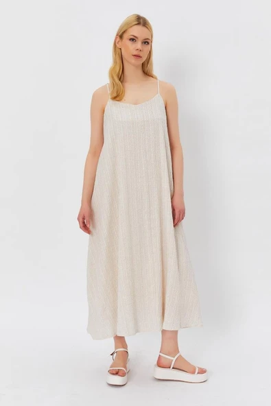 Askılı Uzun Çan Elbise - Natür - Resim 3