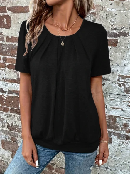 Kadın Kısa Kollu Yuvarlak Yaka önden Pileli Salaş Viskon Bluz - Resim 5