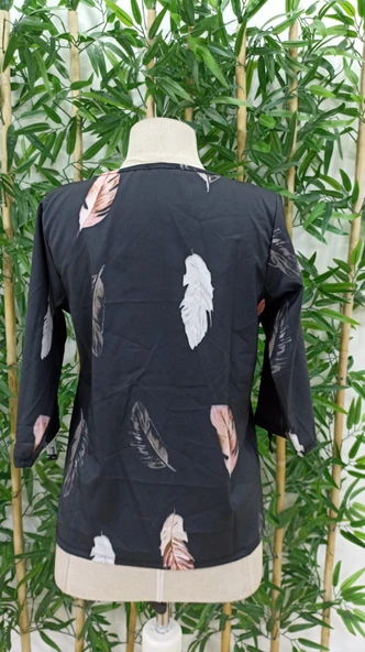 Kadın Yaprak Baskı Ayarlanabilir Truvakar Kol Süper Soft Bluz - Resim 6