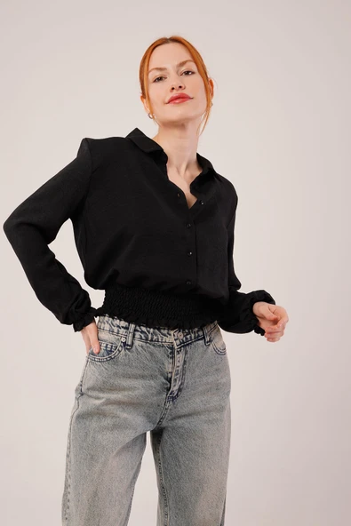 Bel Ve Bilek Lastikli Siyah Bluz ürün görseli