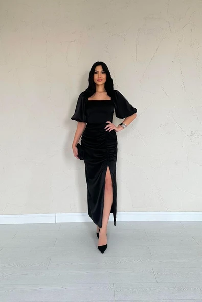 Siyah Büzgülü Saten Elbise ürün görseli