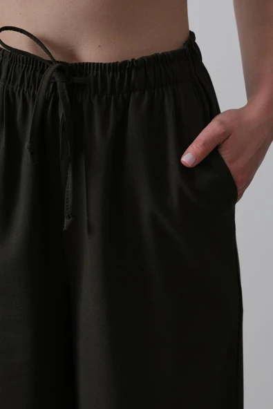 Beli Lastikli Bol Paça Pantolon - Koyu Haki - Resim 3