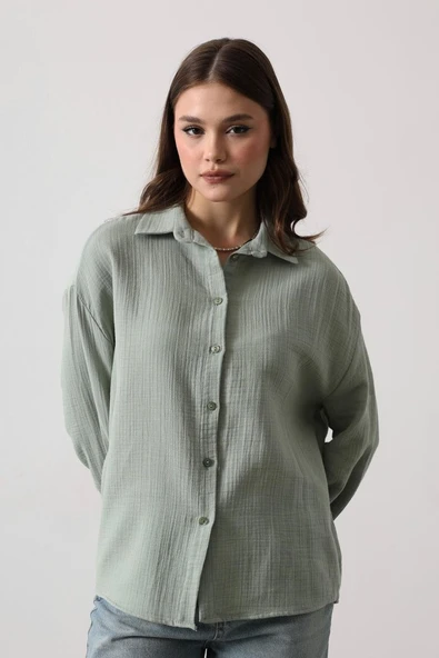 Müslin Uzun Kol Gömlek - Haki - Resim 2