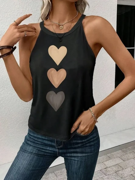 Kadın Omuzlardan Açık Boyundan Askılı Kalp Baskılı Viskon Bluz - Resim 3