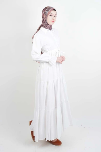 Tesettür Elbise Yarım Düğmeli Kol Fırfırlı Prenses Elbise Beyaz - 2