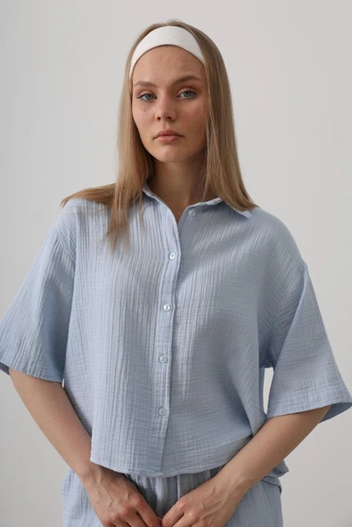 Yarım Kol Müslin Gömlek - Bebe Mavisi ürün görseli