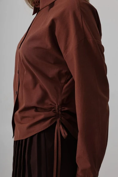 Yanları Bağlamalı Basic Gömlek - Koyu Kahve - Resim 4