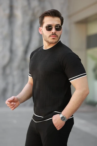 Erkek Jakarlı Ribanalı Kısa Kollu T-shirt - Resim 2