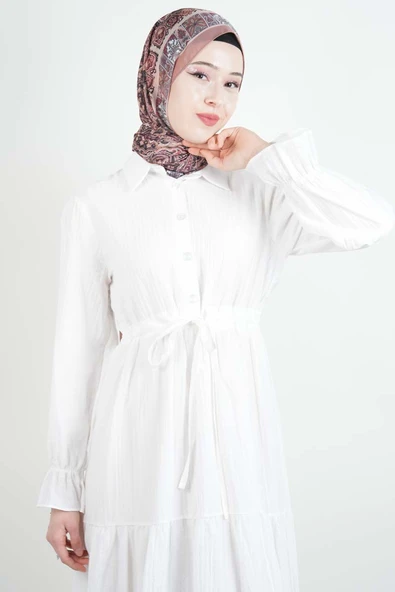 Tesettür Elbise Yarım Düğmeli Kol Fırfırlı Prenses Elbise Beyaz - 4