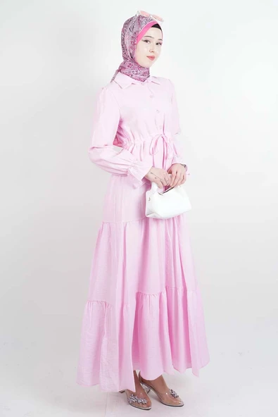 Tesettür Elbise Yarım Düğmeli Kol Fırfırlı Prenses Elbise Pembe - 2