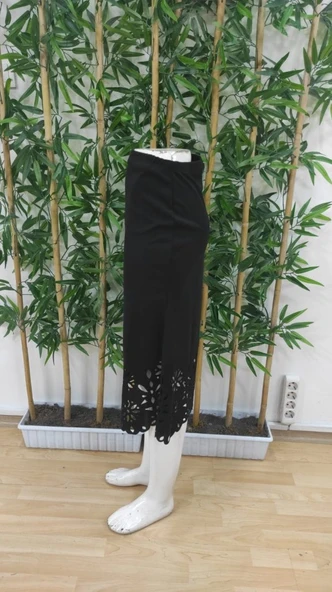 Kadın Yüksek Bel Lazer Kesim Detaylı Midi Ithal Krep Etek - Resim 6