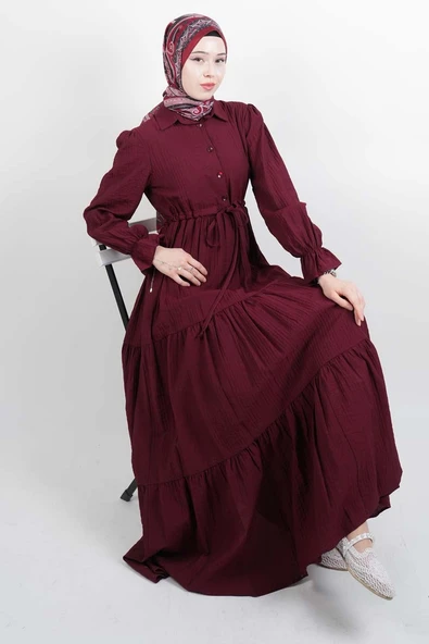 Tesettür Elbise Yarım Düğmeli Kol Fırfırlı Prenses Elbise Bordo