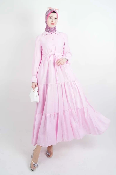 Tesettür Elbise Yarım Düğmeli Kol Fırfırlı Prenses Elbise Pembe