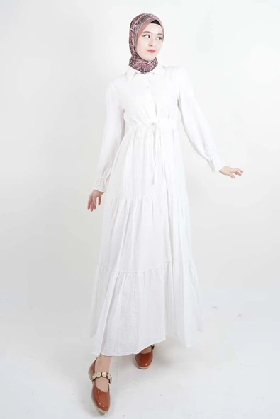 Tesettür Elbise Yarım Düğmeli Kol Fırfırlı Prenses Elbise Beyaz