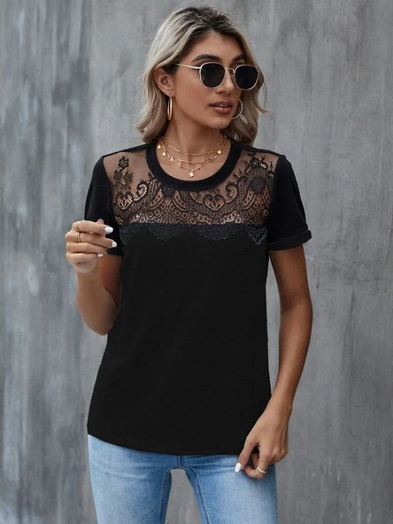 Kadın Kısa Kollu Yuvarlak Yaka ön Dantel Detaylı Viskon Bluz - Resim 5