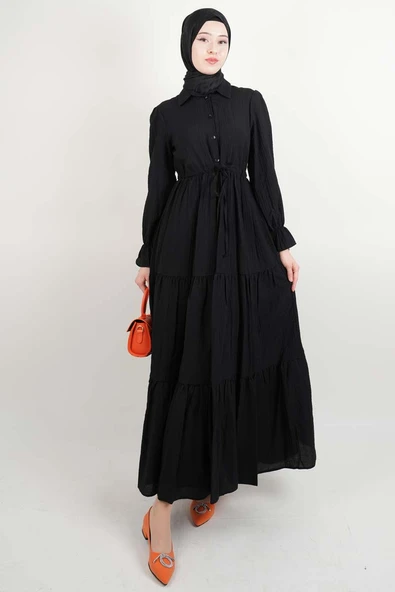 Tesettür Elbise Yarım Düğmeli Kol Fırfırlı Prenses Elbise Siyah