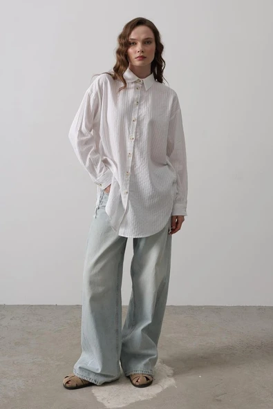 Yan Büzmeli Tunik Gömlek - Beyaz ürün görseli