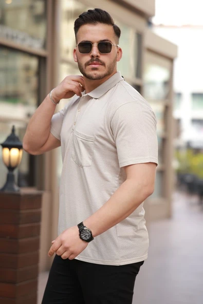 Erkek Yakalı Mini Jakarlı Kısa Kollu T-shirt - Resim 2