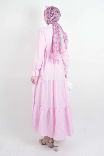 Tesettür Elbise Yarım Düğmeli Kol Fırfırlı Prenses Elbise Pembe - 3