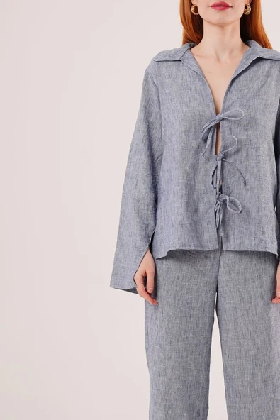 Ön Bağlama Detaylı Pantolon Ve Gömlek İndigo İkili Takım - 2