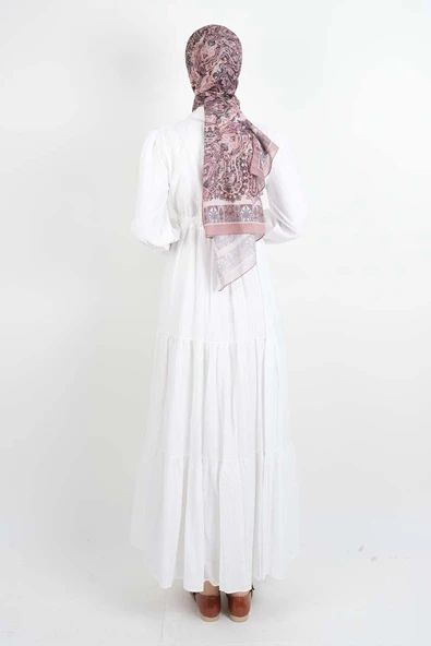 Tesettür Elbise Yarım Düğmeli Kol Fırfırlı Prenses Elbise Beyaz - 3