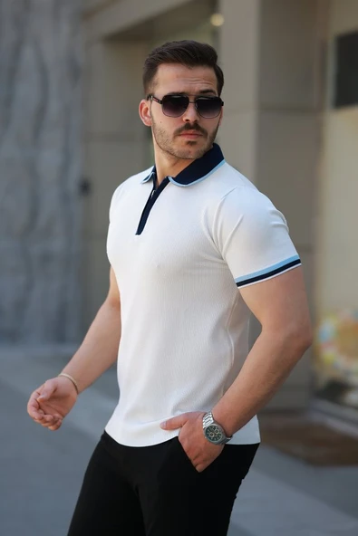 Erkek Renkli Yaka Kısa Kollu Tişört - Resim 2