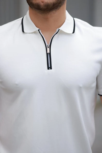 Erkek Fermuar Yakalı çizgi Detaylı Kısa Kollu Tişört - Resim 3