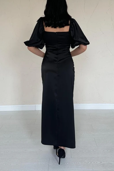 Siyah Büzgülü Saten Elbise - Resim 4
