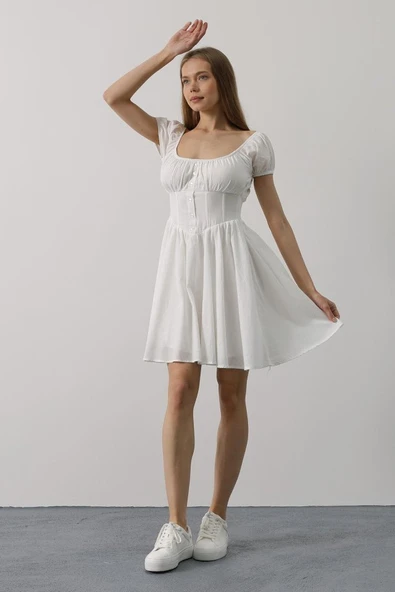 Beli Korseli Mini Elbise - Beyaz ürün görseli