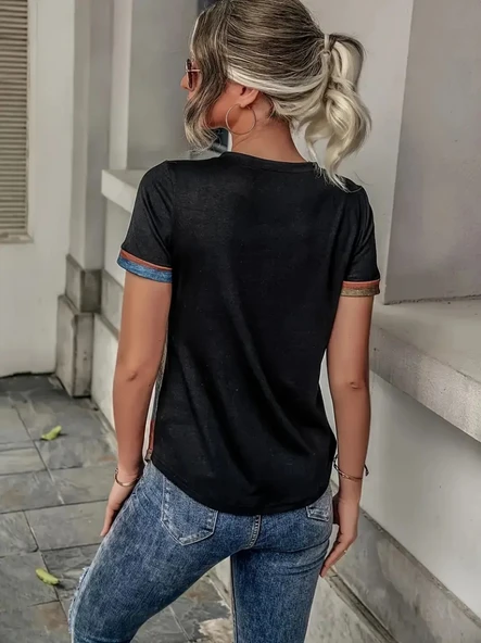 Kadın Kısa Kollu V Yakalı Düğmeli çok Renkli Süprem Bluz - Resim 3